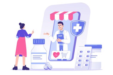 Çevrimiçi eczane kavramı. İnternet 'teki eczanede tıbbi malzemeler ve haplarla çalışan bir erkek doktor. İnternetten ilaç ve ilaç alan bir kadın. İzole edilmiş modern vektör illüstrasyonu
