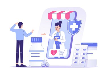 Çevrimiçi eczane kavramı. İnternetteki eczane içindeki akıllı telefondan ilaç ve tıbbi malzemeler alan kadın doktor eczacı. İnternetten ilaç ve uyuşturucu alan bir adam. İzole edilmiş modern vektör illüstrasyonu
