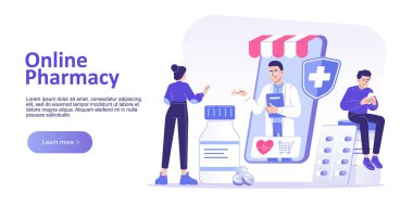 Çevrimiçi eczane kavramı. İnternetteki eczacı doktor elinde tıbbi malzemeler ve haplarla akıllı telefon başında duruyor. İniş sayfası şablonu. Web sitesi ana sayfası. Web pankartı için vektör illüstrasyonu