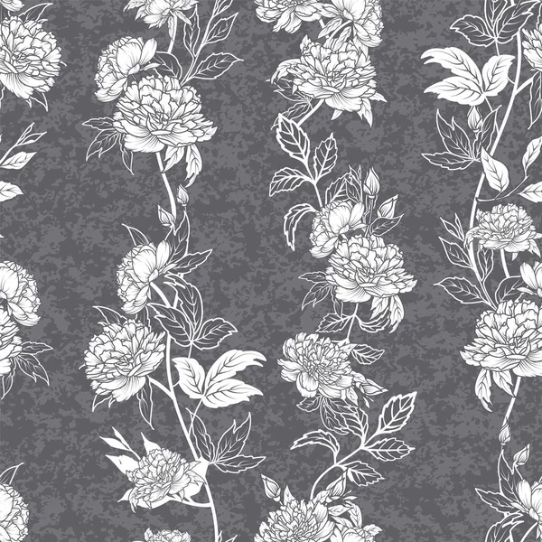Pivoine blanche fleur feuille tige gris-texturé gris fond design — Image vectorielle