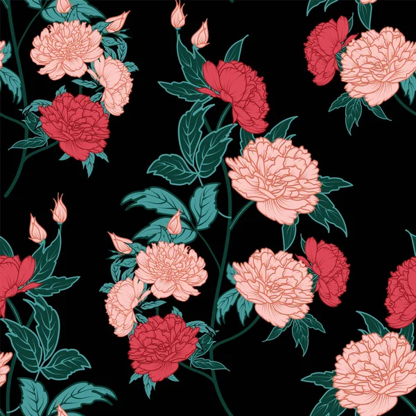 Rojo rosa peonía flor hoja tallo negro fondo diseño — Vector de stock