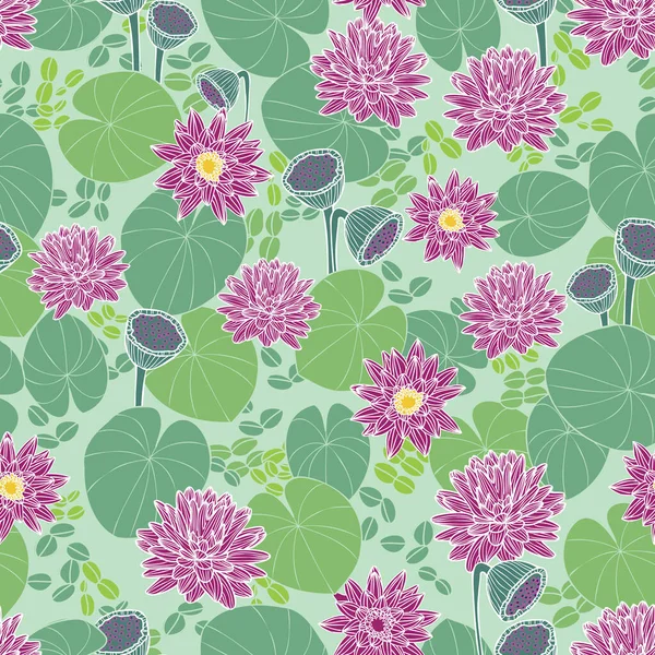 Vektor nahtlose Muster Hand gezeichnet Lotusblumen und Blatt auf grünem Hintergrund Design — Stockvektor
