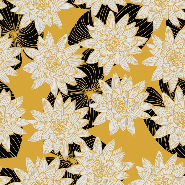 Vektor nahtlose Muster Hand gezeichnet Lotusblumen und Blatt auf gelbem Hintergrund Design — Stockvektor