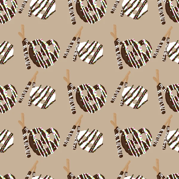 チョコレートでコーティングされたプレッツェルとスティックプレッツェルのシームレスなパターンをベージュの背景デザイン — ストックベクタ