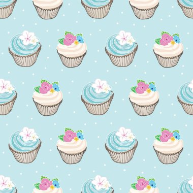 Mavi benekli arka plan tasarımı üzerinde el çizimi keklerin kusursuz deseni