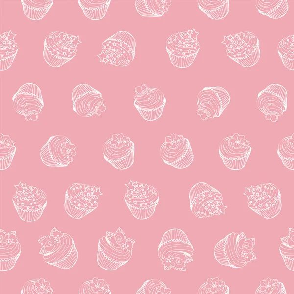 ピンクの背景デザインに手描きのアウトラインカップケーキのシームレスなパターン — ストックベクタ