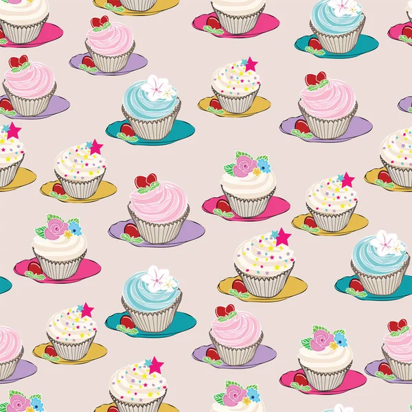 Nahtlose Muster von Hand gezeichneten Cupcakes auf Platte Hintergrunddesign — Stockvektor