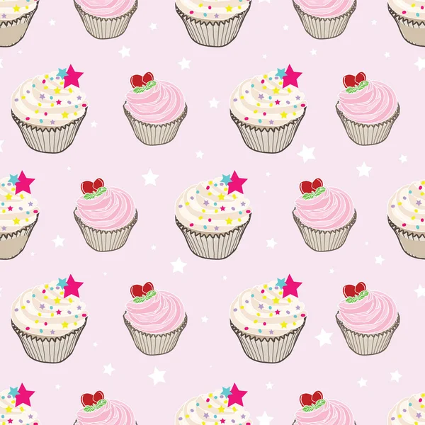 Nahtloses Muster handgezeichneter Cupcakes auf rosa Polka-Stern-Hintergrunddesign — Stockvektor