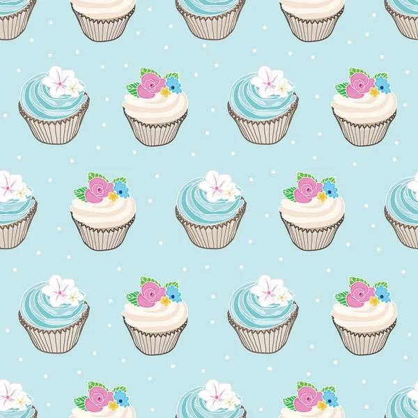 Bezešvé vzor ručně kreslené cupcakes na modrém polka tečka pozadí design — Stockový vektor