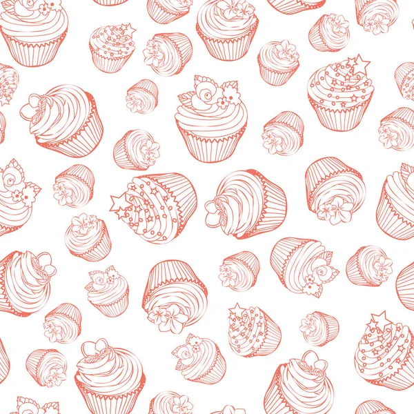 Modèle sans couture de cupcakes contour dessinés à la main sur fond blanc — Image vectorielle