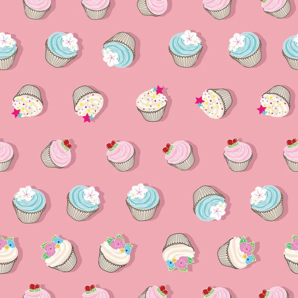 Modello senza cuciture di cupcake disegnati a mano su un disegno di sfondo rosa — Vettoriale Stock