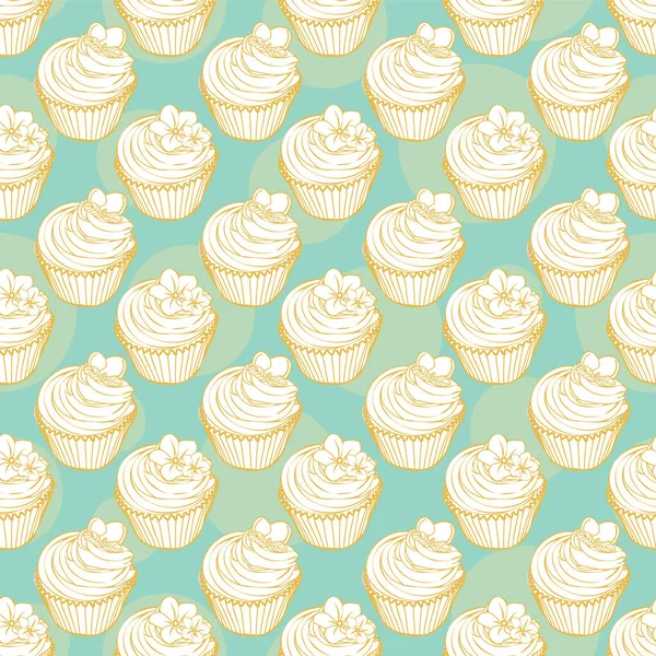 Sömlös mönster av handritade kontur cupcakes polka dot bakgrund design — Stock vektor