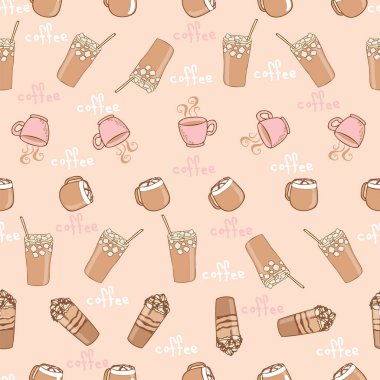 Metin vektörsüz desenli şirin farklı kahve türleri çizdim.