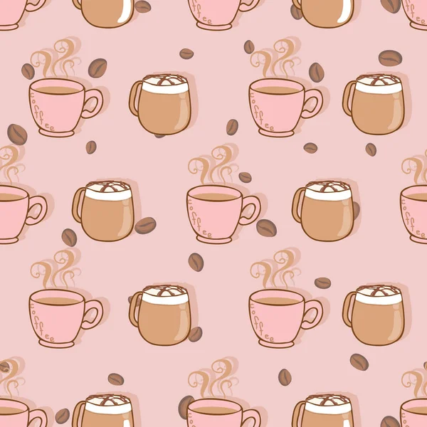 손으로 귀엽고 다른 종류의 커피를 그린 것입니다. 커피콩의 핑크 색 배경 벡터 무형 패턴 디자인 — 스톡 벡터