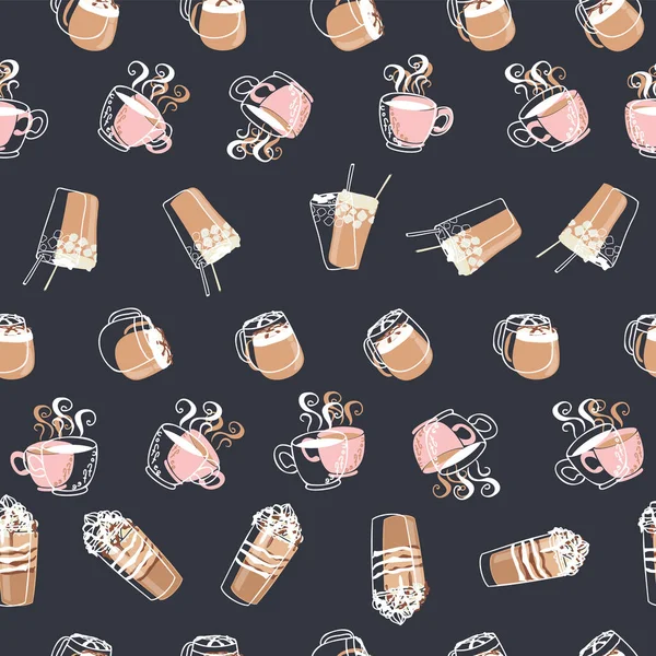 hand drawn cute different types of coffee on dark grey background vector seamless pattern design
