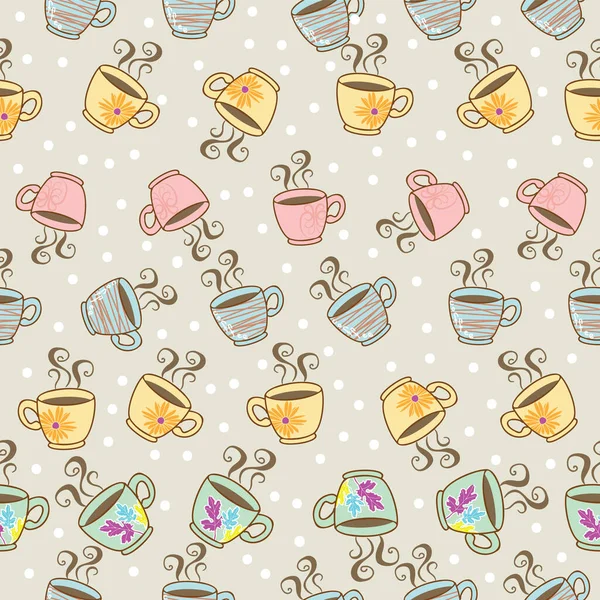 Mão desenhada bonito diferentes tipos de café copo polka dot fundo vetor sem costura padrão design —  Vetores de Stock