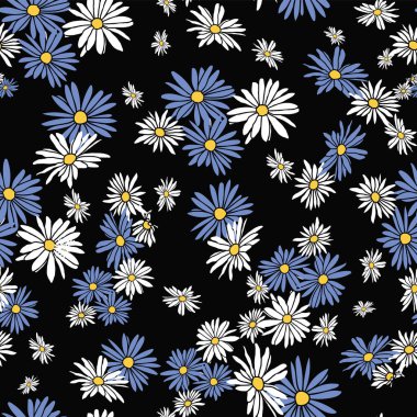 Soyut çiçekler el çizimi papatya çiçeği siyah arkaplan dizaynı üzerinde kusursuz desen