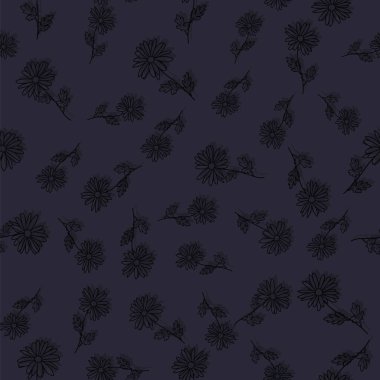 Soyut çiçekler koyu el siyah karalama papatya çiçeği desensiz desen tasarımı.