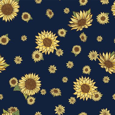 Klasik el çizimi, kusursuz desenli suluboya ayçiçekleri mavi donanma zemin tasarımı
