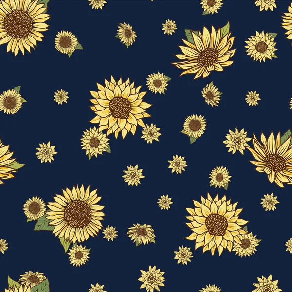 Klasik el çizimi, kusursuz desenli suluboya ayçiçekleri mavi donanma zemin tasarımı
