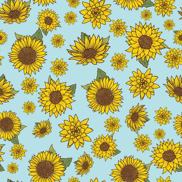 Nahtloses Muster mit von Hand gezeichneten Aquarell-Sonnenblumen auf blauem Hintergrund — Stockvektor