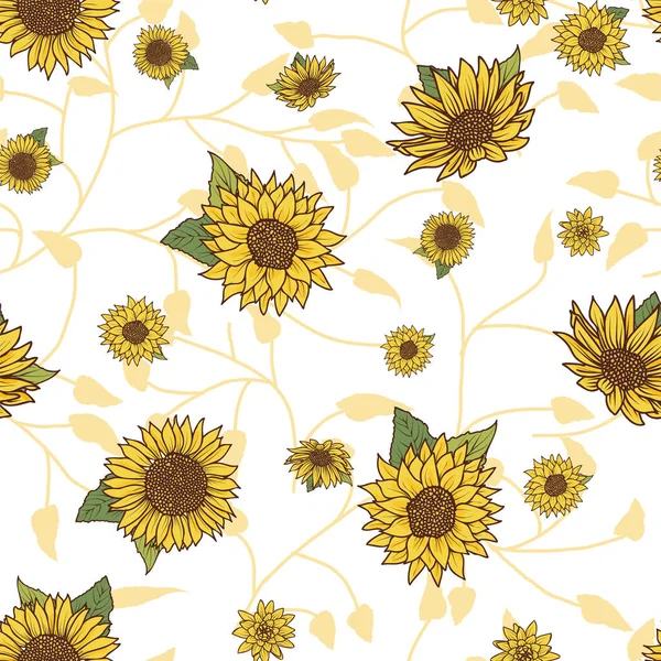 Nahtloses Muster mit Vintage handgezeichneten Aquarell-Stil Sonnenblumen auf gelbem Blatt Hintergrunddesign — Stockvektor