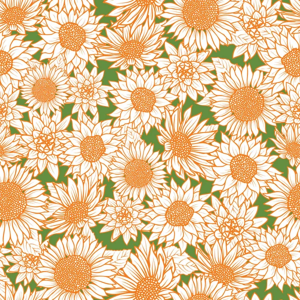 Nahtloses Muster mit Vintage handgezeichneten Wildblumen und Sonnenblumen auf grünem Hintergrund — Stockvektor