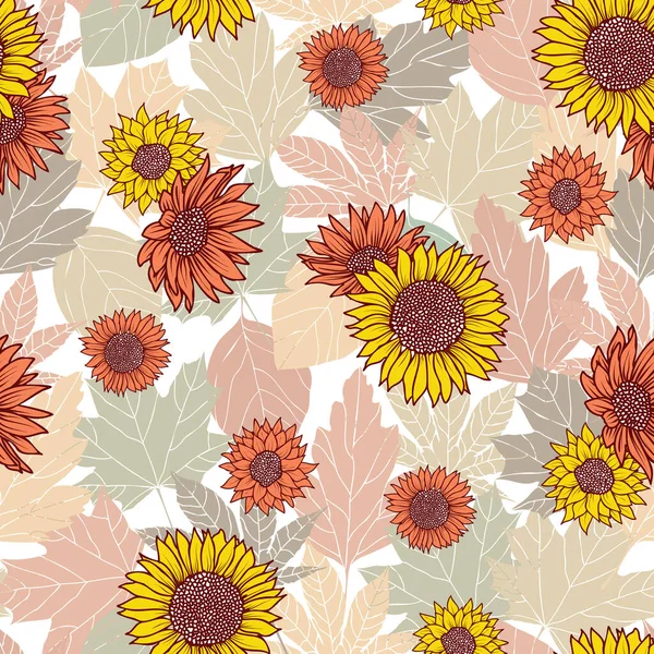 Nahtloses Muster mit Herbstblatt, abstrakte Blatttextur mit Sonnenblumen-Design — Stockvektor