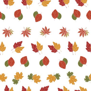 Sevimli el çizimi sonbahar yaprağı ile kusursuz desen, beyaz arkaplan tasarımında soyut yaprak dokusu