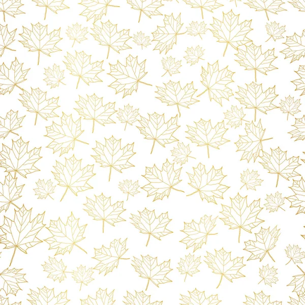 Nahtloses Muster mit fallendem Blatt, abstrakte goldene Umrissblatttextur auf weißem Hintergrund — Stockvektor