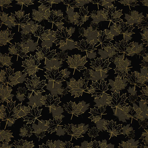 Modello senza soluzione di continuità con contorno foglia caduta, astratta texture foglia d'oro su disegno sfondo nero — Vettoriale Stock