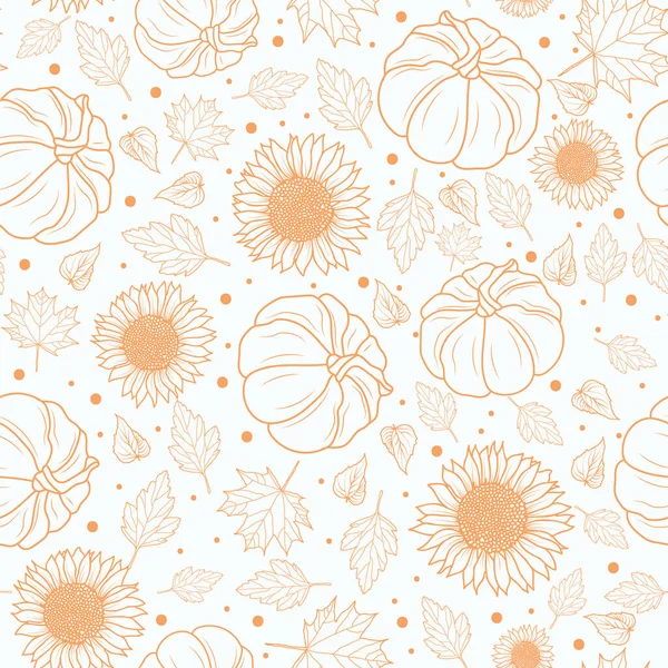 Thanksgiving Linie Kunst Kürbisse, Sonnenblumen, Blatt nahtlose Muster auf weißem Hintergrund Design — Stockvektor