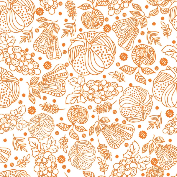 Linha de ação de graças arte doodle abóboras, pêra, maçã, uva, folha sem costura padrão de fundo design — Vetor de Stock