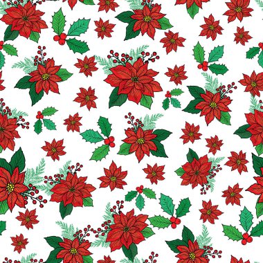 Beyaz arka planda kırmızı noktalı, kutsal, ökseotu ve meyveli kusursuz Noel deseni.