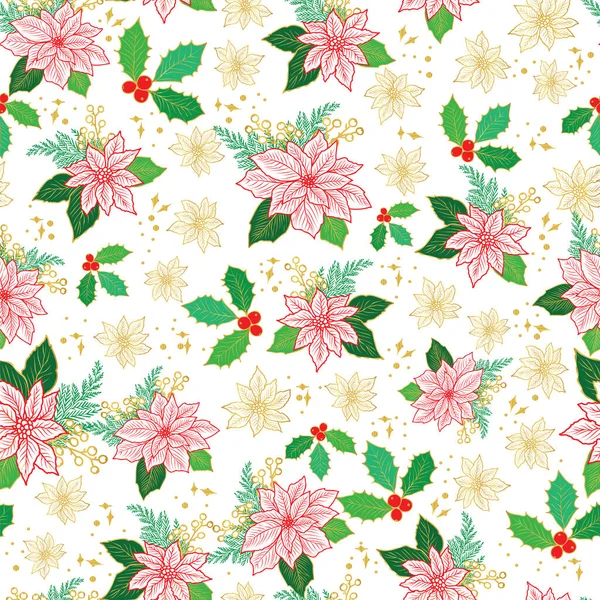 Seamless Christmas pattern with red, gold poinsettia, holly, mistletoe and berries on white background design