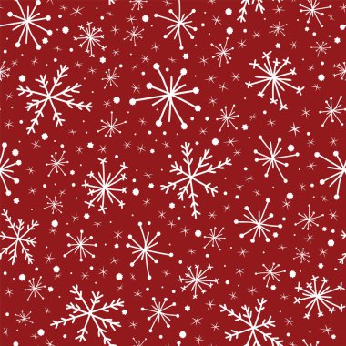 Kırmızı zemin üzerinde beyaz kar taneleri, Noel Kış arkaplanı..