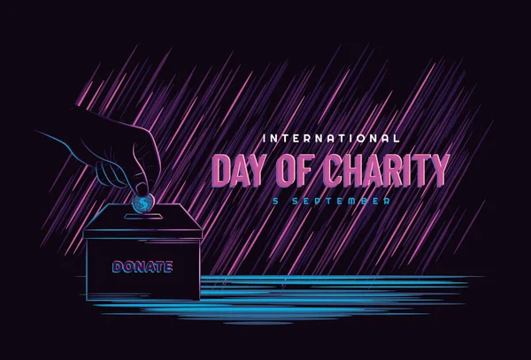 世界慈善日概念的说明性矢量图形 手持金钱 以黑暗的霓虹灯风格捐赠 完美的网络接口 T恤模板 — 图库矢量图片