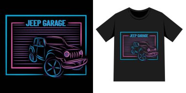 Araba tişörtü illüstrasyonu, neon ışıklı resim çizimi. İniş sayfası, poster, tişört, logo vs. için kullanılabilir.