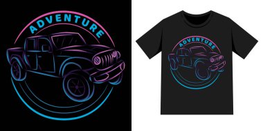 Araba tişörtü illüstrasyonu, neon ışıklı resim çizimi. İniş sayfası, poster, tişört, logo vs. için kullanılabilir.