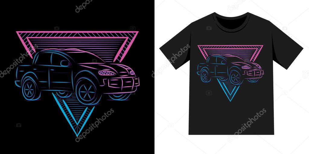 Car T-shirt illustration, car line art illustration with neon sign style. Can use for landing page, poster, t-shirt, logo,etc.