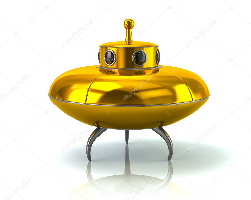 Golden ufo space ship standing on the ground 3d illustration