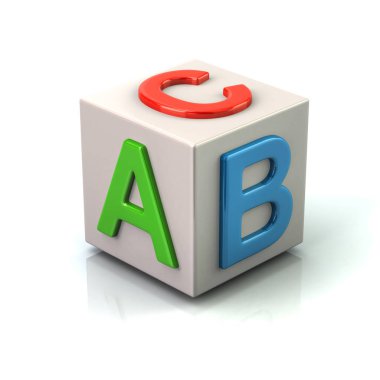 A, B ve C 3d resimde beyaz arka plan üzerinde renkli harflerle beyaz küp