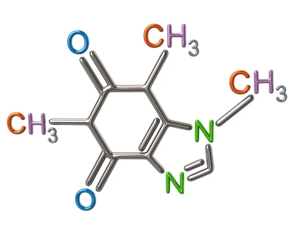 彩色咖啡因分子化学结构3D 白色背景插图 — 图库照片