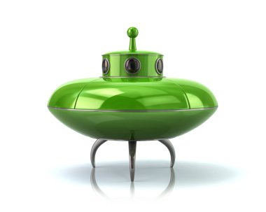 Zemin 3d çizim üzerinde yeşil ufo uzay gemisi duran