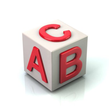 A, B ve C 3d resimde beyaz zemin üzerine kırmızı harflerle beyaz küp
