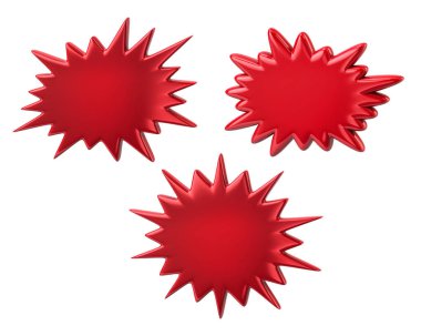 Three red starburst speech bubbles 3d illustration on white background clipart