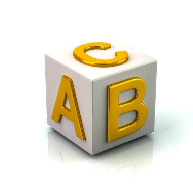 A, B ve C, 3d resimde beyaz zemin üzerine altın harflerle beyaz küp
