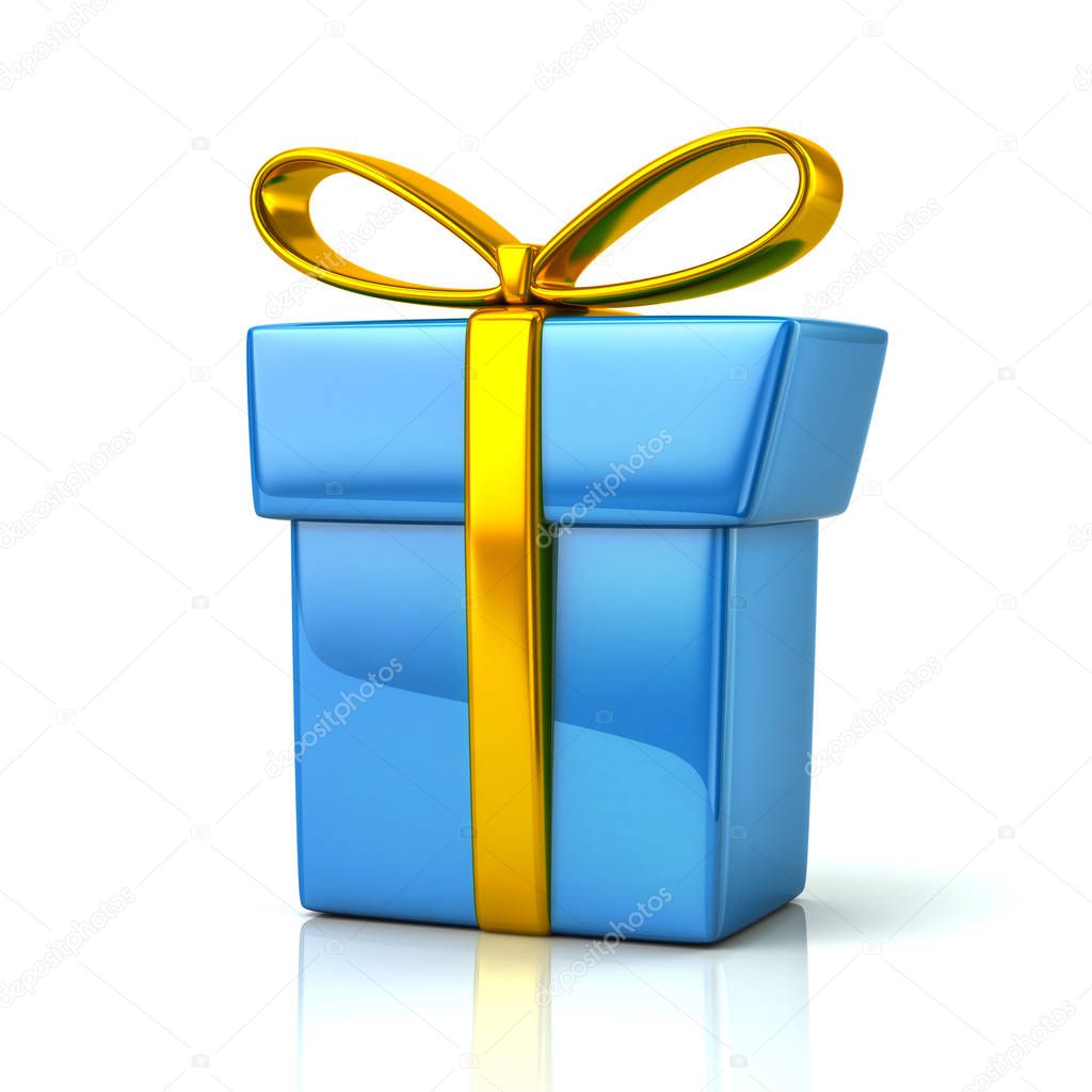 Blue gift box with golden ribbon and bow, 3d illustration on white background