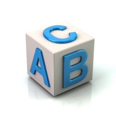 A, B ve C 3d resimde beyaz zemin üzerine mavi harflerle beyaz küp