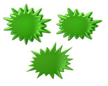 Three green starburst speech bubbles 3d illustration on white background clipart